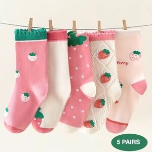 Girls Polychrome Strawberries Whimsical Socks 6-8 Durable Casual Pastel 5 Pairs